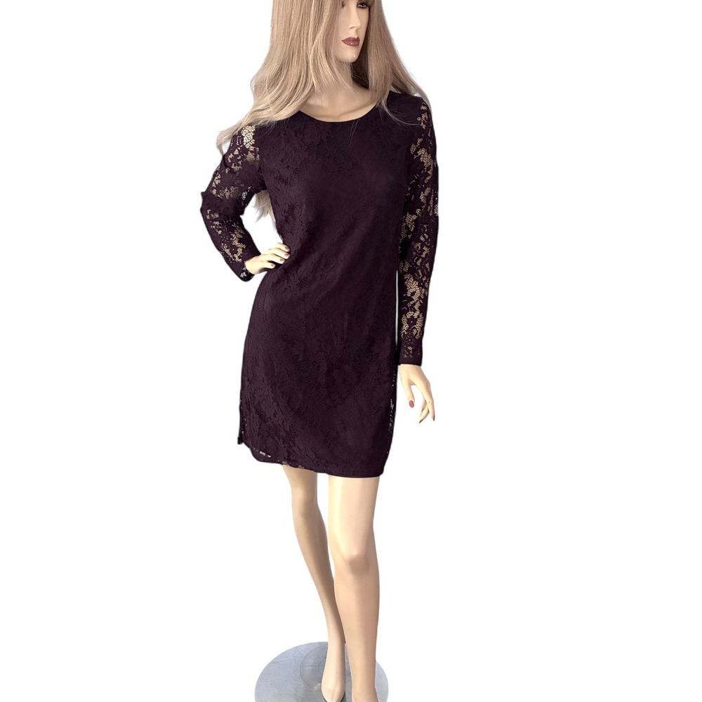 Plum Lace Shift Dress NWT Small | Retro 60s Mod Style | Long Sleeve Mini - Picture 9 of 9